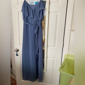 Nouvelle slate blue/gray ruffle front chiffon gown